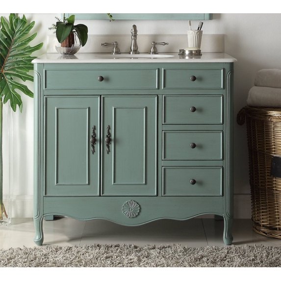 Benton Collection 38" Vintage Blue Cottage Bathroom Vanity with White Marble Top