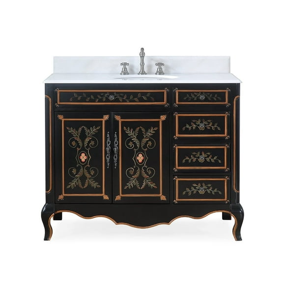 Benton Collection 42" Black Hand-Painted Floral Bathroom Vanity with White Marble Top