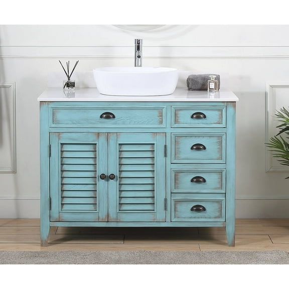 Benton Collection 42" Distressed Light Blue Vessel Sink Bathroom Vanity with White Marble Top
