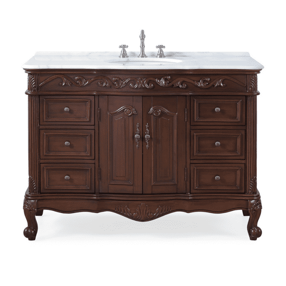 Benton Collection 42" Traditional Dark Brown Bathroom Vanity with White Marble Top