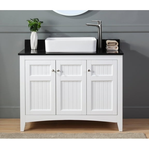 Benton Collection 42" Vessel Sink Farmhouse White Bathroom Vanity with Black Granite Top