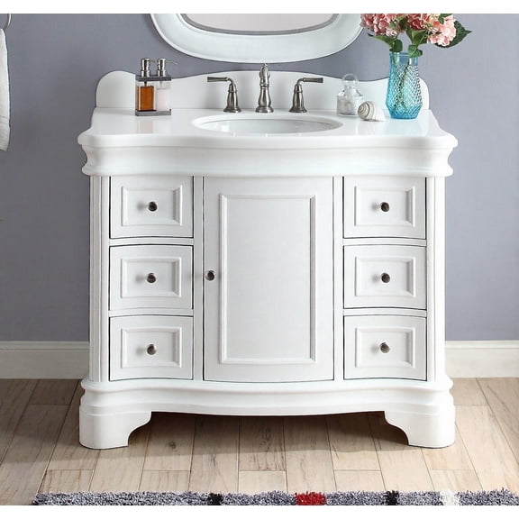 Benton Collection 42" White Chic Bathroom Vanity with White Quartz Top