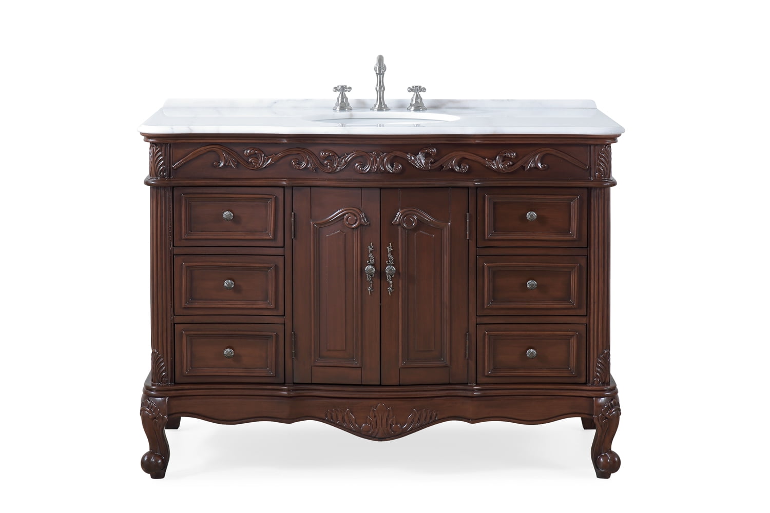 Benton Collection 48" Traditional Dark Brown Bathroom Vanity with White Marble Top