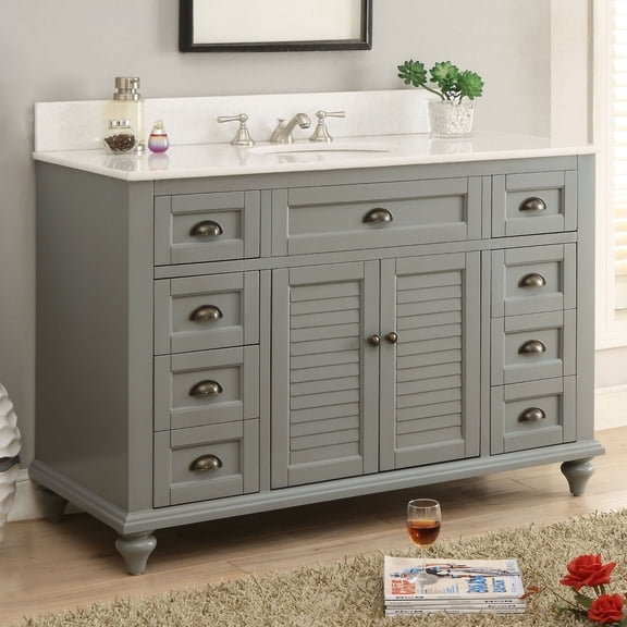 Benton Collection 49" Seaside Cottage Gray Bathroom Vanity with White Marble Top