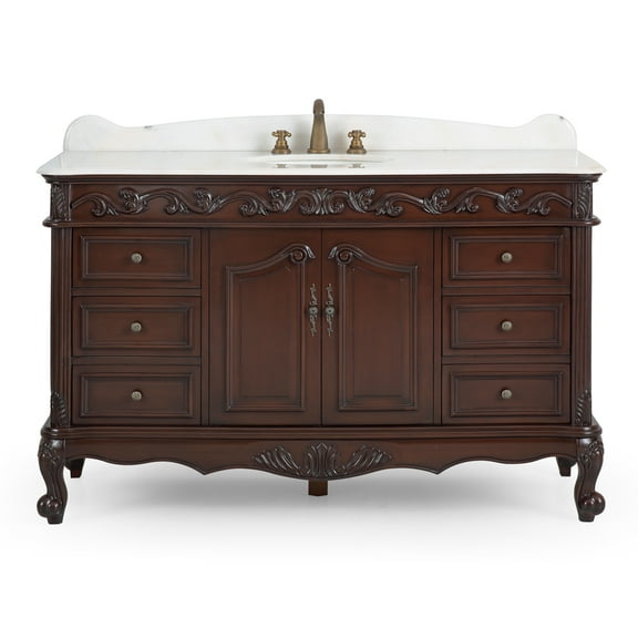 Benton Collection 56" Traditional Cherry Brown Bathroom Vanity with White Marble Top