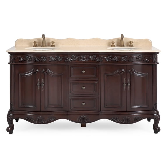 Benton Collection 64" Traditional Cherry Brown Bathroom Vanity with Cream Marble Top