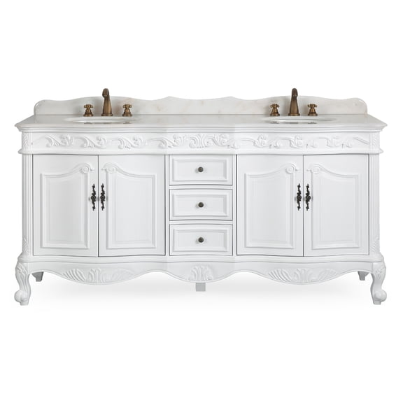 Benton Collection 72" Traditional Antique White Bathroom Vanity with White Marble Top
