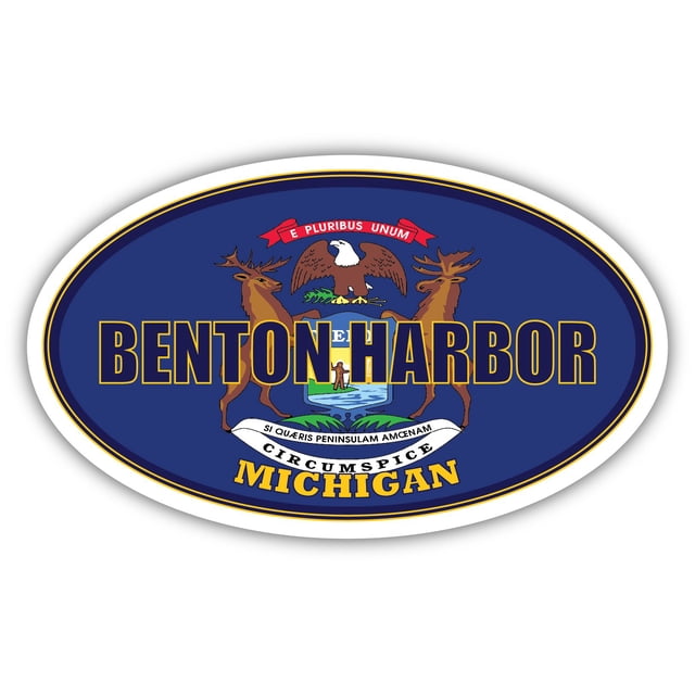 Benton Harbor City Michigan State Flag MI Flag Berrien County Oval State Colors Bumper Sticker