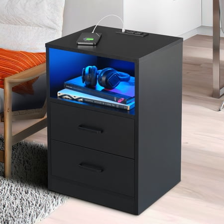 Benton Park LED Modern Rectangular End Table with USB, 2 Drawers & Storage, Black