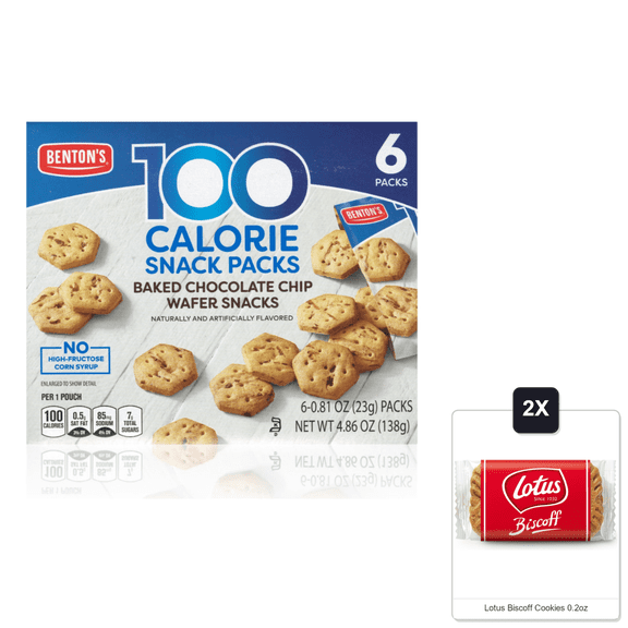 BentonS 100 Calorie Baked Wafer Snack Packs (1 Box, Chocolate Chip) & 2x Lotus Biscoff Cookies 0.2oz