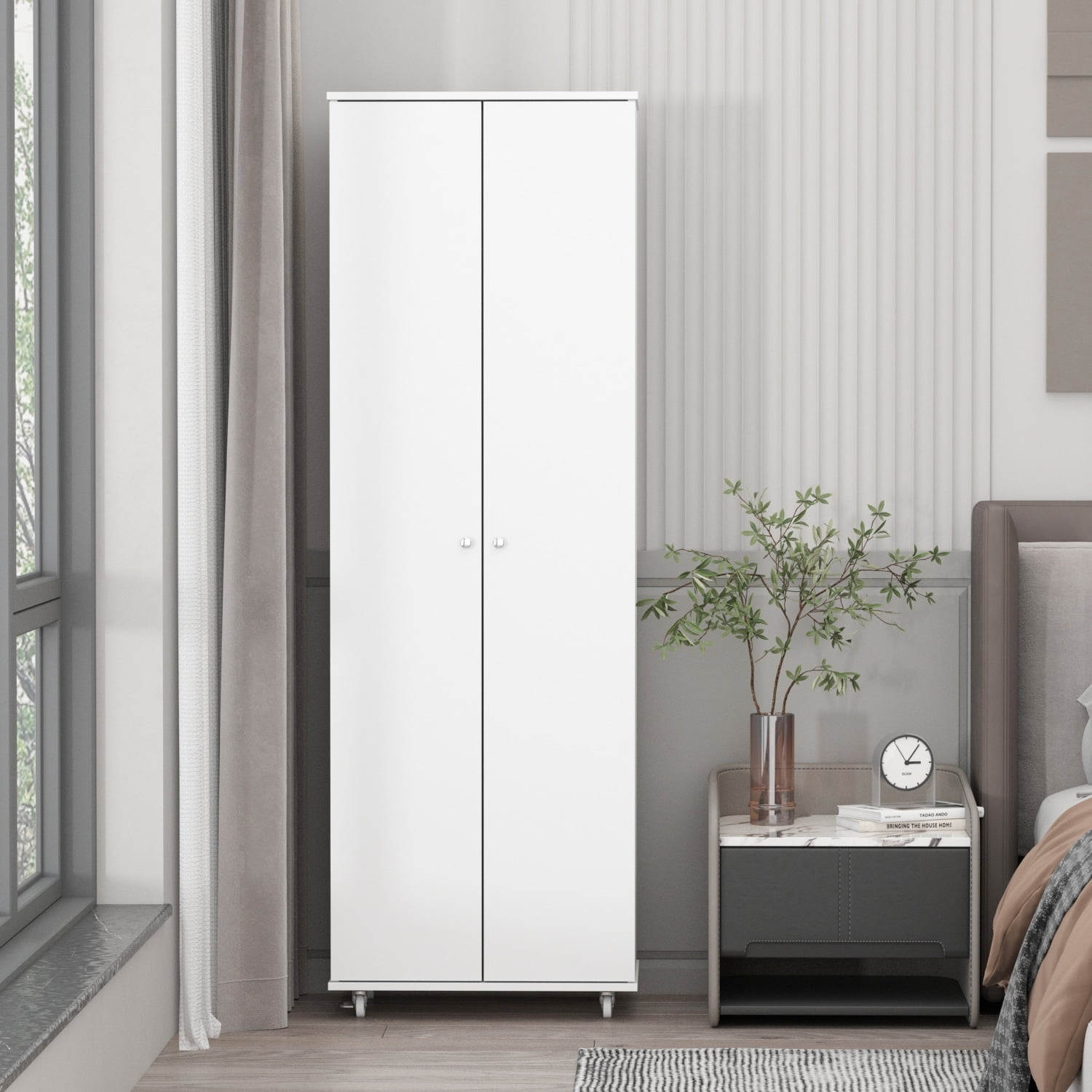 White Tall MDF Shoe Cabinet with Doors and Wheels