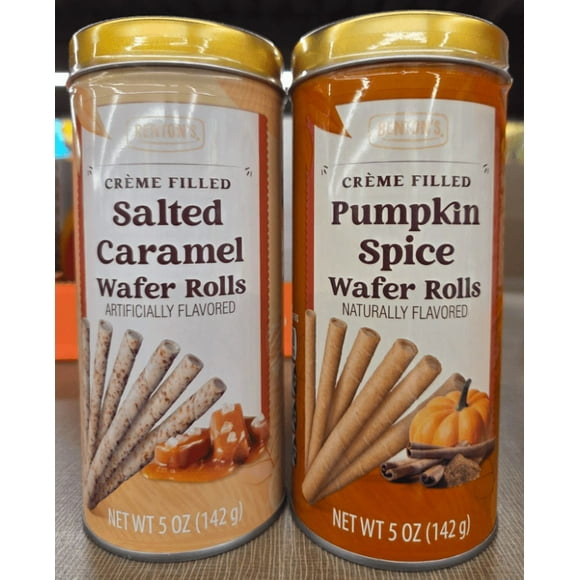 Bentons Crme Filed Wafer Rolls Salted Caramel & Pumpkin Spice 5oz 142g (2 Tins)