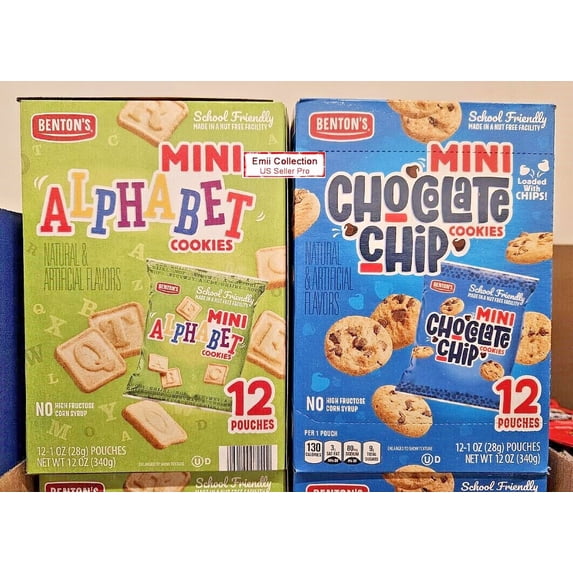 Benton's Mini Alphabet Cookies & Mini Chocolate Chip Cookies 12 Pouches (2 Boxes)