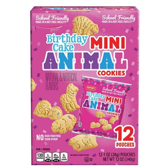 Bentons Birthday Cake Mini Animal Cracker Cookies, On The Go, 12 Individual Pouches, 1 Oz Each, (1 Pack) School Friendly, Nut Free, Kids Snack