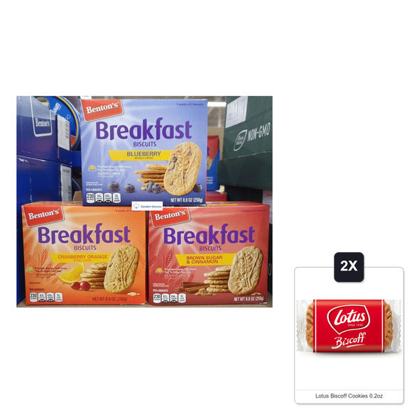 Bentons Break Biscuits 3 Flavors Blueberry, Cranberry Orange, Brown Sugar & Cinnamon 8.8Oz 250G (Three Boxes) & 2x Lotus Biscoff Cookies 0.2oz
