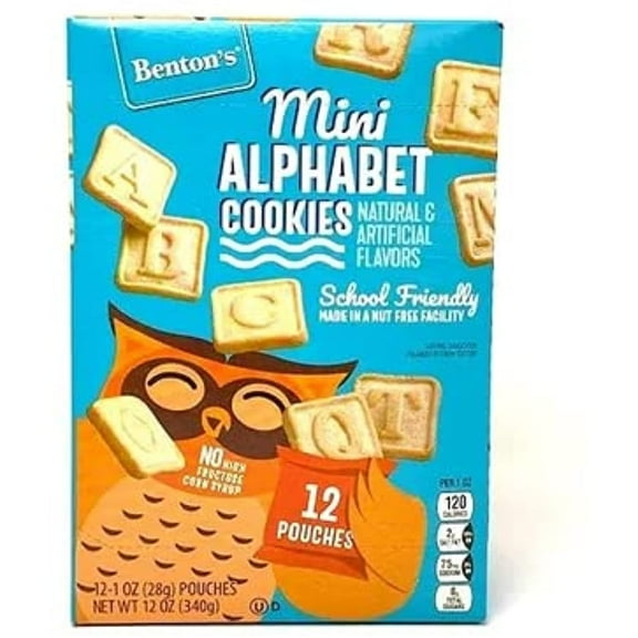 Bentons Mini Alphabet Cookies 12 Pouches - School Friendly Made In Nut Free Facility