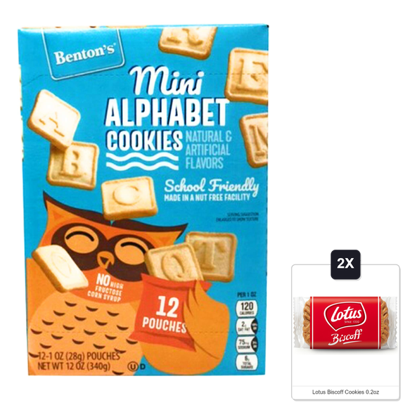Bentons Mini Alphabet Cookies School Friendly Made In Nut Free Facility & 2x Lotus Biscoff Cookies 0.2oz