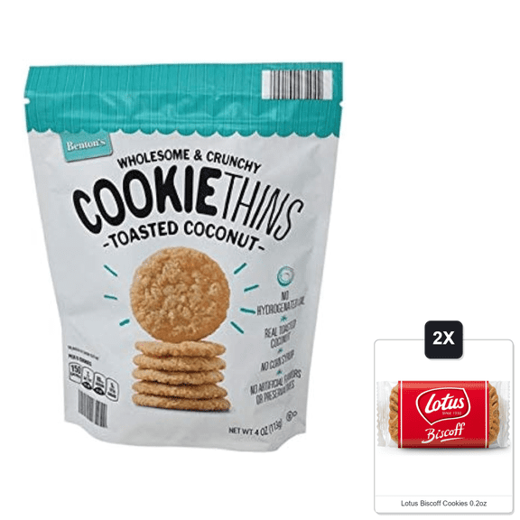 Bentons Wholesome And Crunchy Cookie Thins Toasted Coconut & 2x Lotus Biscoff Cookies 0.2oz