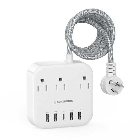 Bentronic Desktop Power Strip USB C, 3 Outlets, 5 USB Ports, Fast Charging Station, Flat Plug, 5 ft. Extension Cord, Travel