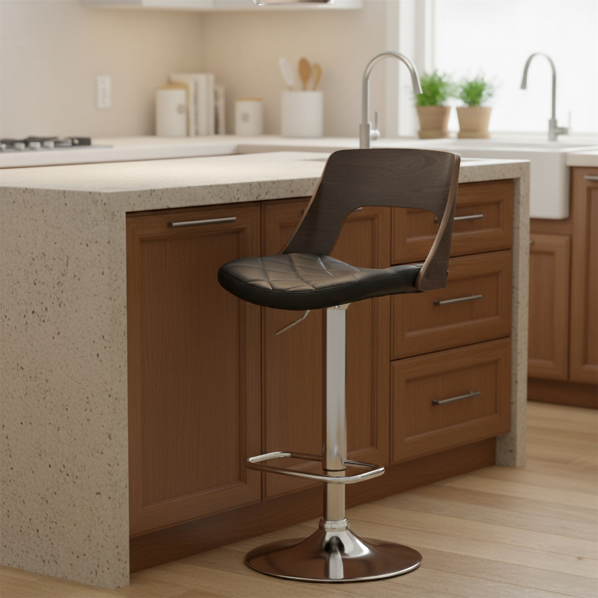 Bentwood Contemporary Modern Stylish Wood Back Adjustable Swivel Bar Stool with Diamond Quilted Finish Curved Seat and Back, Weathered Oak