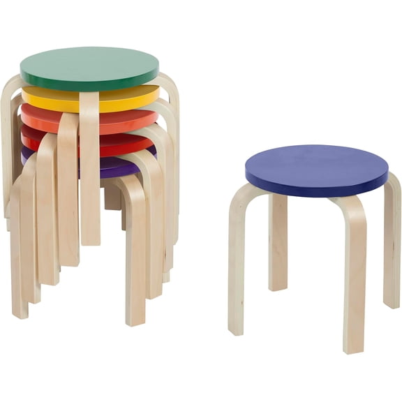 Bentwood Stackable Stools, 12in Seat Height, Classroom Furniture, Assorted, 6-Piece