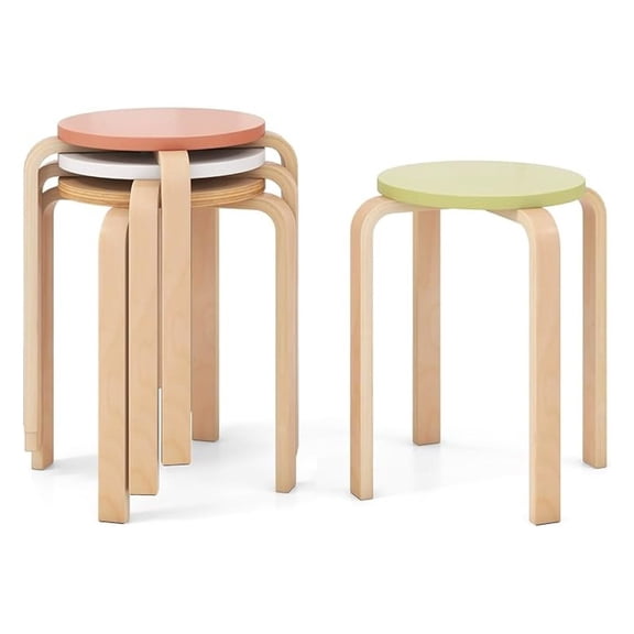 Bentwood Stools Set of 4, 18 Inch Counter Height, Stackable Kitchen Chairs, Backless Bar Stools with Felt Pads, Solid Wood Dining Stools for Home, Classroom, Multicolor
