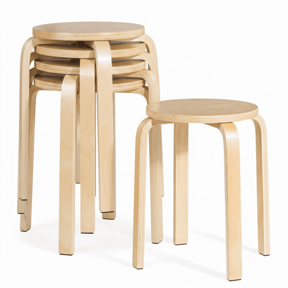 Bentwood Stools Set of 4, Round Top Backless Stackable Chairs 18 Inches Tall, Sturdy for Dining Table Kitchen Bar Classroom, Brown