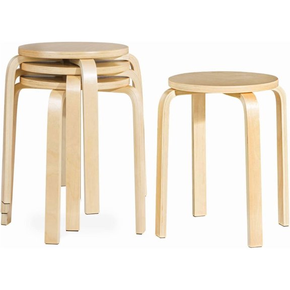 Bentwood Stools Set of 4, Round Top Backless Stackable Chairs 18 Inches Tall, Sturdy for Dining Table Kitchen Bar Classroom, Brown