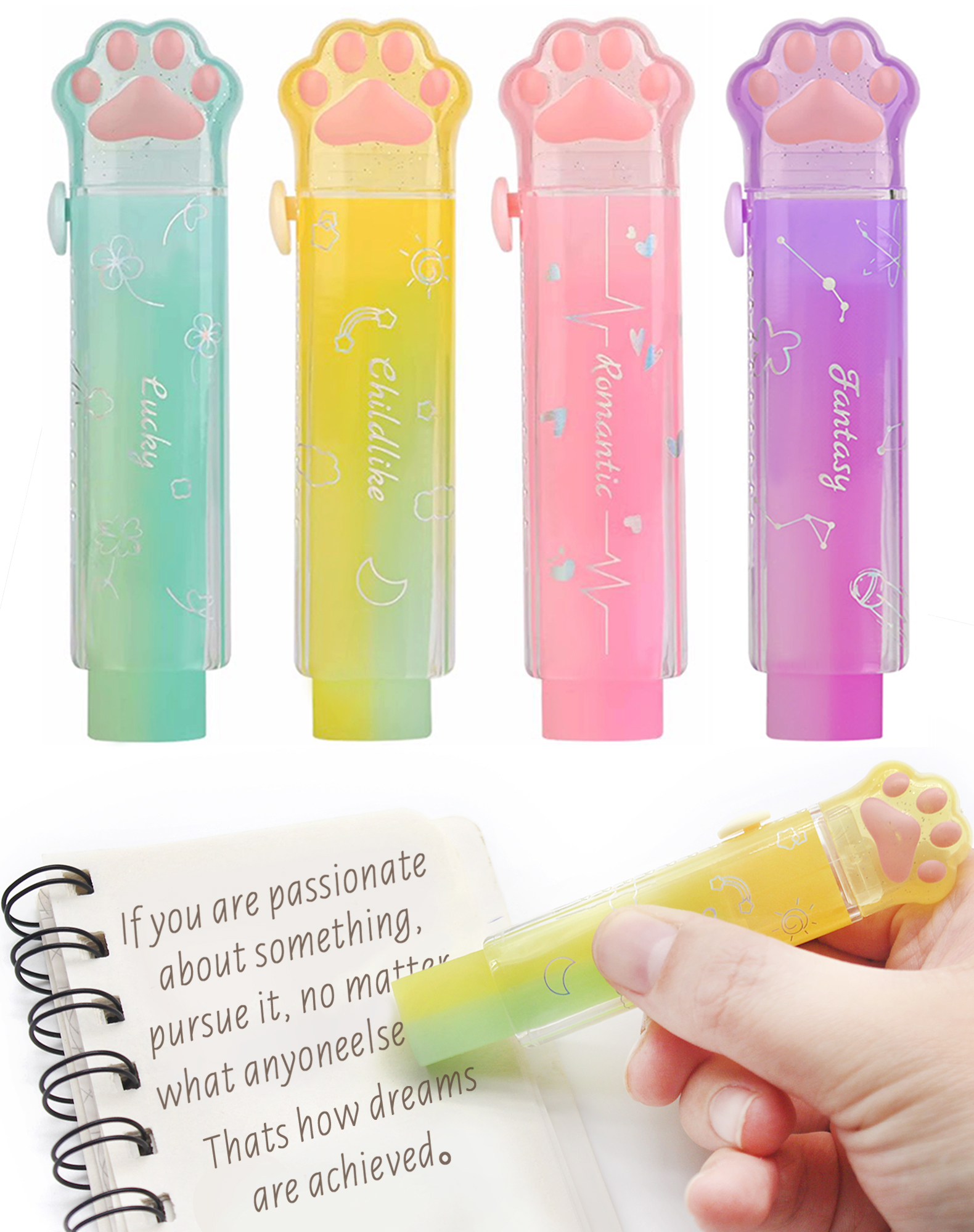 Benvo 4Pcs Sliding Retractable Pencil Erasers with Cat Paw Plastic