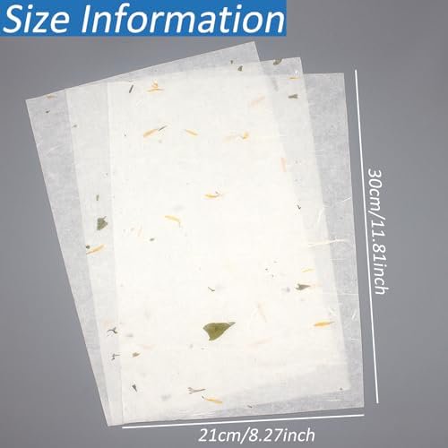 Benvo 50 Sheets A4 Natural Mulberry Paper Visible Leaves Fiber Rice Paper Printable Decoupage Tissue Paper Sheets for Writing, Painting, Card Making, DIY Crafts(8.3x11.7in, Semi Transparent Off W