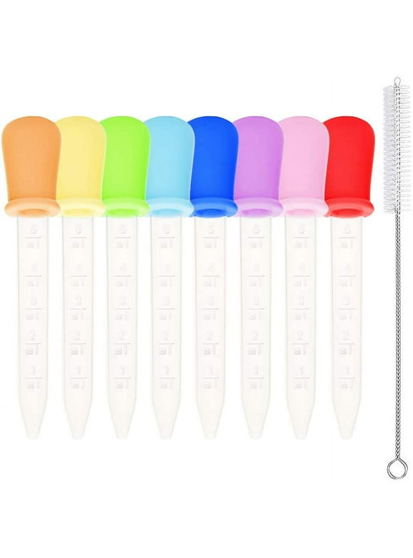 Benvo 8 Pack Liquid Dropper Silicone and Plastic Droppers Pipettes with Bulb Tip Eye Dropper 5ml for Gummy Bear Mold and Candy Molds Gelatin Maker, Oil Science, Crafts Projects (with Cleaning Brush)