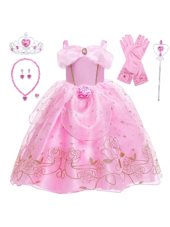 Girls Pink Princess Costumes for Halloween Party Fancy Dress up with Accessories for 4-5 Years