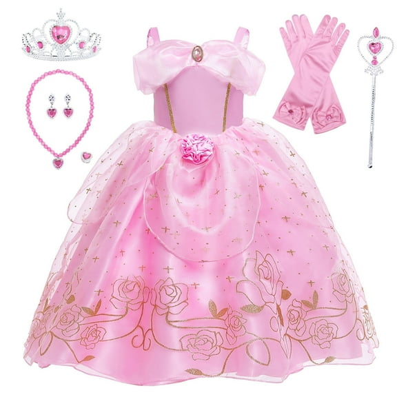Benylion Girls Aurora Princess Costumes for Halloween Party Fancy Dress up with Accessories for 5-6 Years