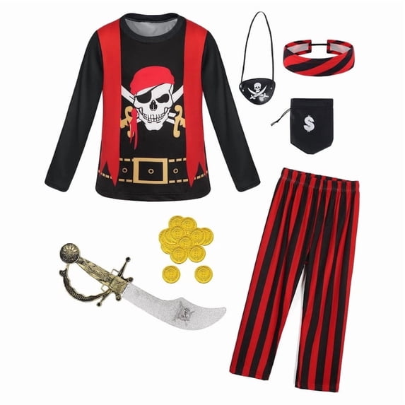 Benylion Kids Boys Pirate Costume Set Captain Buccaneer Halloween Fancy Dress up with Accessories for 3-4 Years