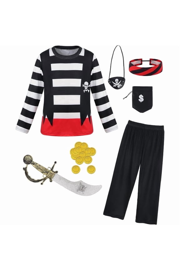 Kids Boys Pirate Costume Toddler Halloween Captain Buccaneer Fancy Dress Up Set for 5-6 Years