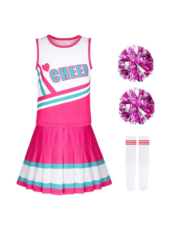 Girls Cheerleader Costume Outfit for Kids Sleeveless Cheerleading for Halloween Party Birthday Cheer Uniform Set for 5-6 Years