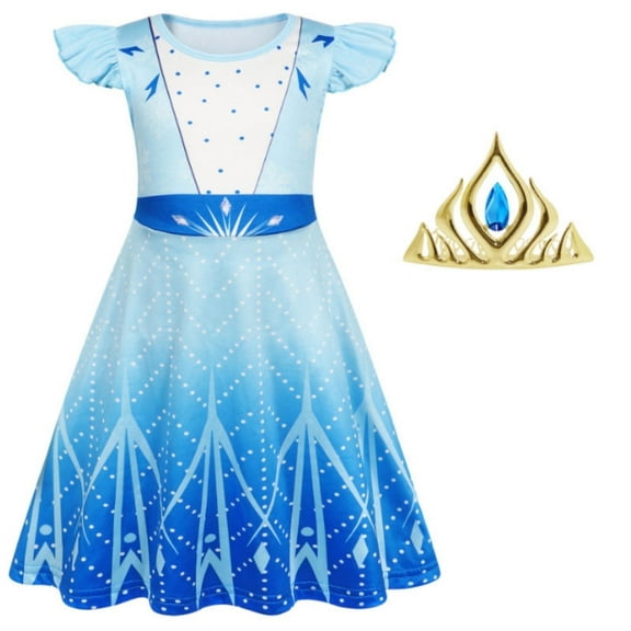 Benylion Girl's Ice Princess Short Sleeve Dress Printed Casual Swing Twirl Skirt For Holiday Theme Party Outfits for 5-6 Years