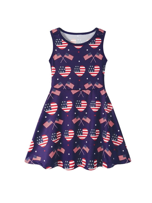 Girls 4th of July Dresses Independence Day Dresses American Flag Sleeveless Patriotic Dresses for 5-6 Years