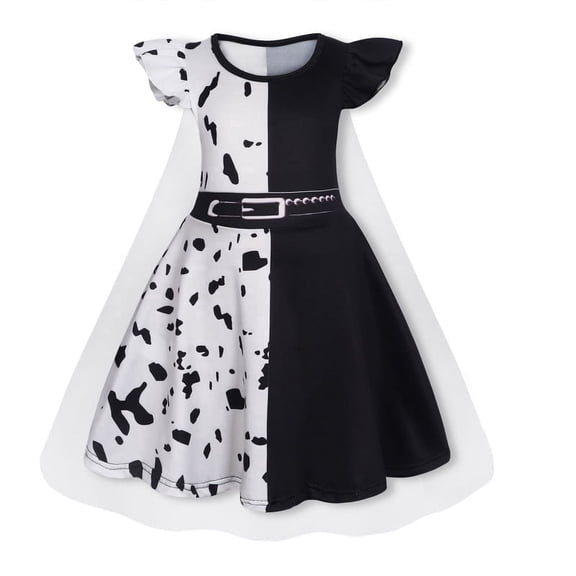 Benylion Cruella dress Girls Black and White Spotted Devil Wind Halloween Costume Gorgeous Transformation Outfit for 5-6 Years