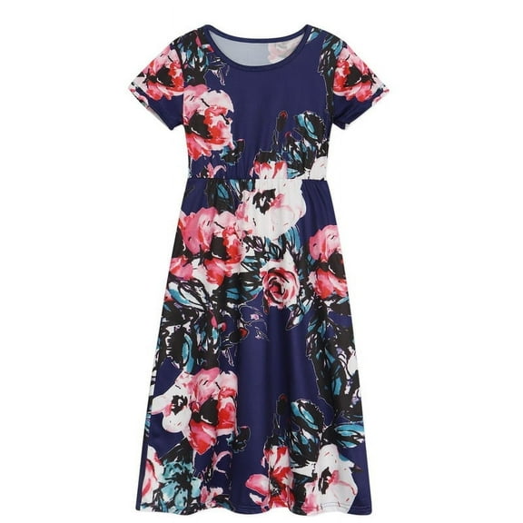 Benylion Girls Short Sleeve Dress for 8T Floor Length Nightgowns Kids Casual Holiday Dresses Floral Tunic Swing A-line Dress