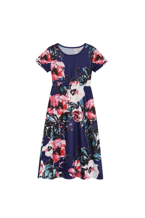Girls Short Sleeve Dress for 14T Floor Length Nightgowns Kids Casual Holiday Dresses Floral Tunic Swing A-line Dress