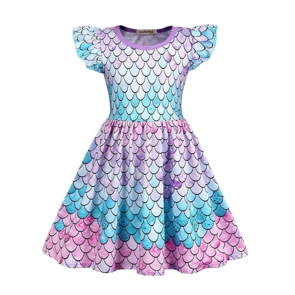 Benylion Little Girls Dresses Mermaid Summer Sundresses Toddler Halloween Princess Costume Ruffled Sleeve Casual Summer Party Beach Dress for 5-6 Years