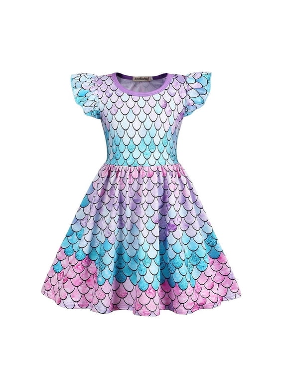 Little Girls Dresses Mermaid Summer Sundresses Toddler Halloween Princess Costume Ruffled Sleeve Casual Summer Party Beach Dress for 5-6 Years
