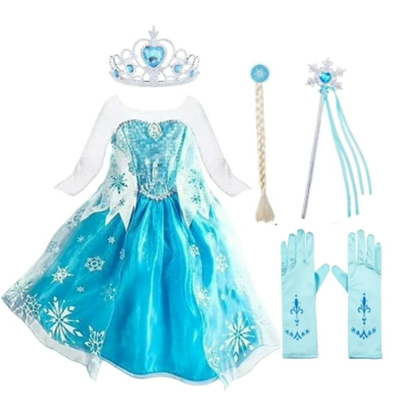 Benylion Girls Ice Costume Princess Snow Dress up Blue Dresses with Cosplay Accessories Crown Wand & Gloves for 5-6 Years