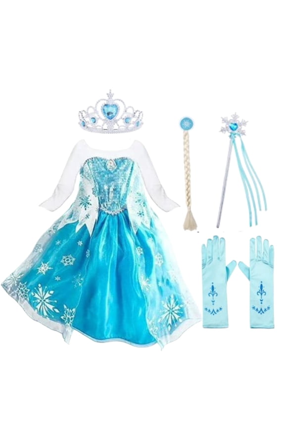 Girls Ice Costume Princess Snow Dress up Blue Dresses with Cosplay Accessories Crown Wand & Gloves for 5-6 Years