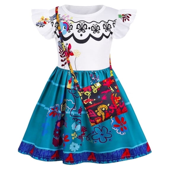 Benylion Kids Encanto Mirabel Costume Dress Girls Cosplay Mirabel Madrigal Princess Skirts Outfits with Bag Halloween Outfit for 7-8 years