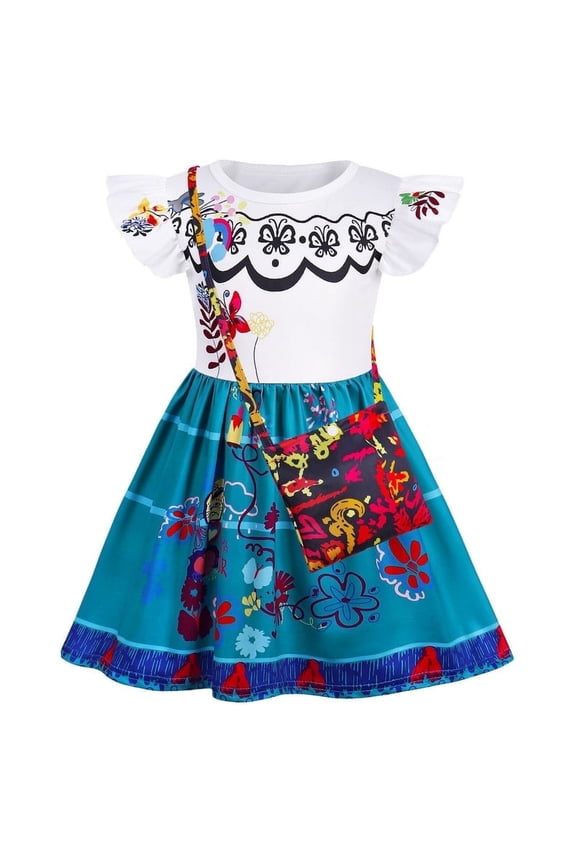 Kids Encanto Mirabel Costume Dress Girls Cosplay Mirabel Madrigal Princess Skirts Outfits with Bag Halloween Outfit for 7-8 years