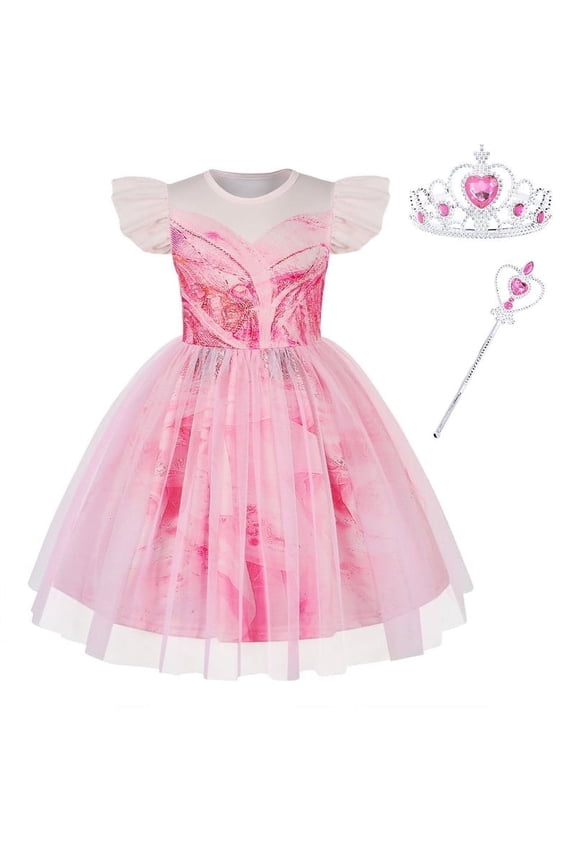 Girls Pink Fairy Dress glinda Costume Kids Tulle Birthday Party Cosplay Dress with Accessories for 5-6 Years