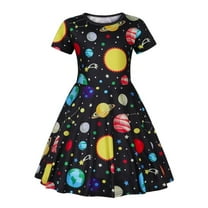 Benylion Girls Planets Pattern Short Sleeve Dress, Summer Casual Cluster for Kids Sizes 7-8 Girls
