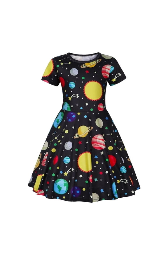 Girls Planets Pattern Short Sleeve Dress, Summer Casual Cluster for Kids Sizes 7-8 Girls